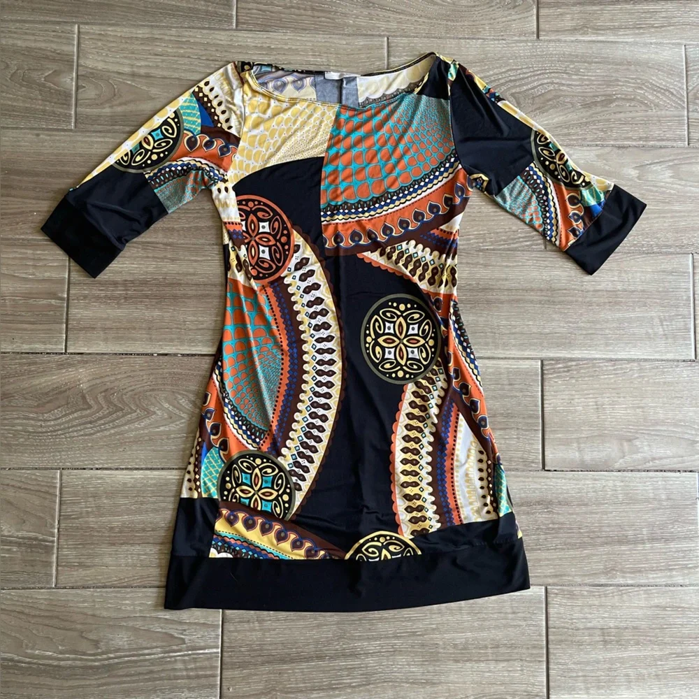 Papillon Blanc Geometric dress Black Yellow Orange size large Lightweight retro - Picture 1 of 9